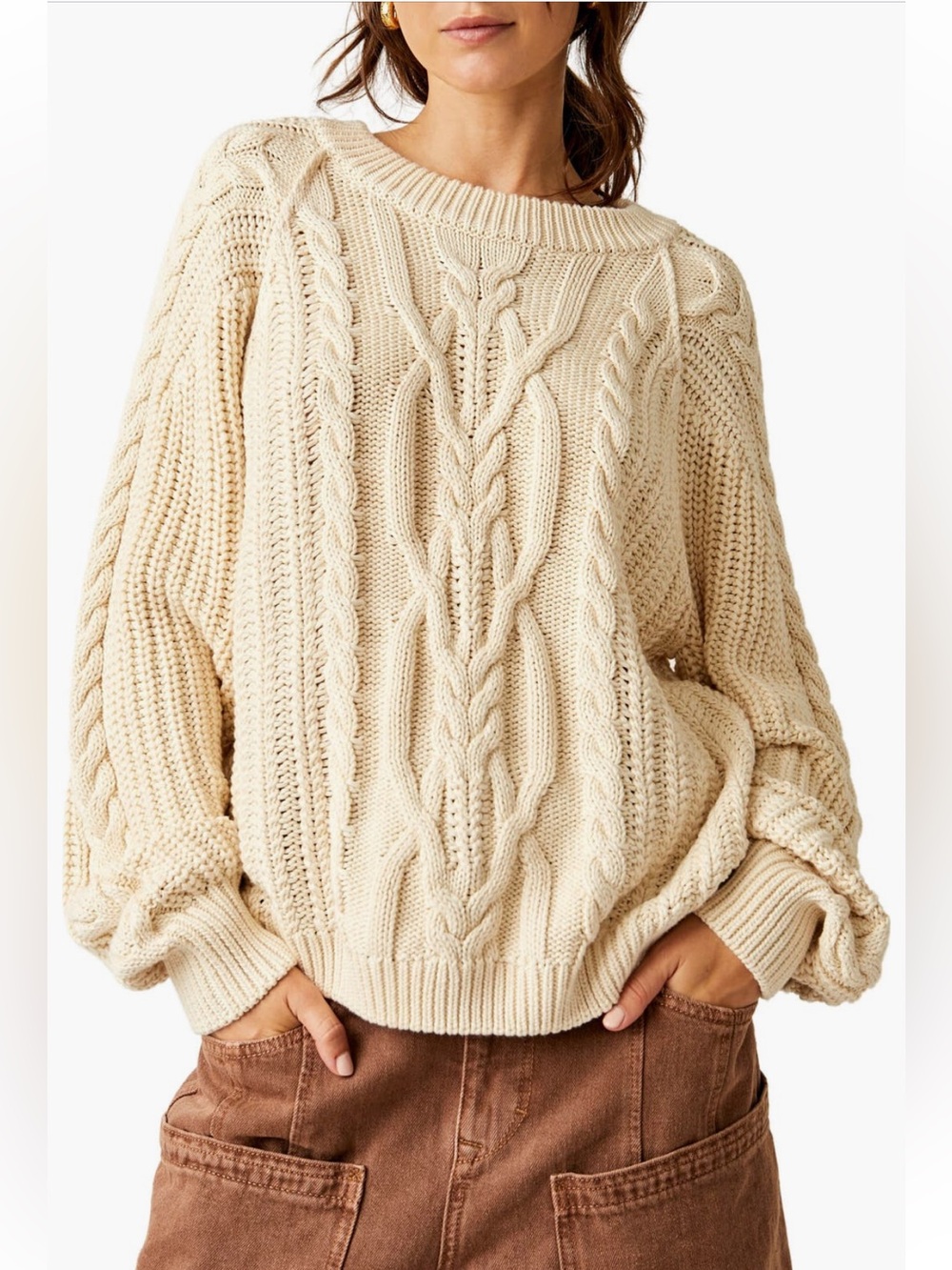 NWT Free People Frankie Cable Knit Sweater in Ivory Size Medium